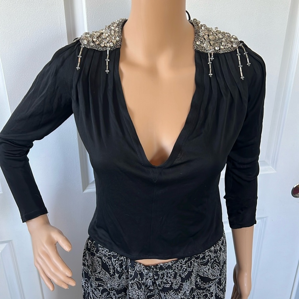 Vtg 70s ESTATE SALE piece black crystal encrusted back keyhole V neck top S